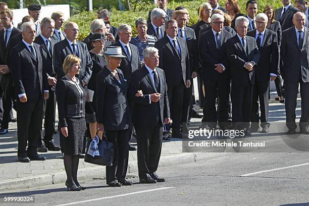 Barbara Scheel together with Germans State President Joachim Gauck and Daniela Schadt follow during the Memorial Ceremony in honor of former state...