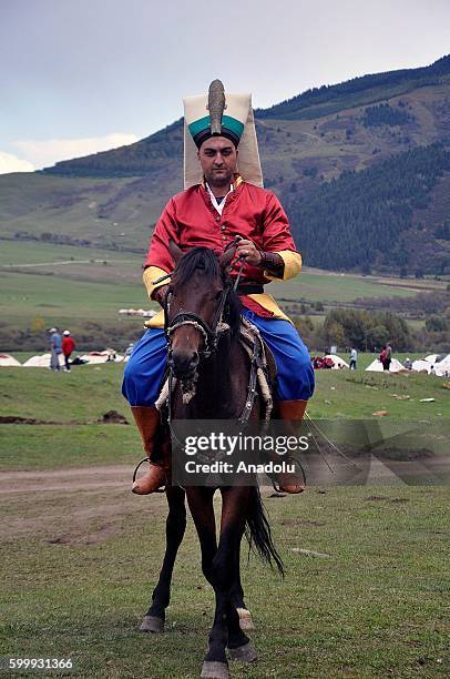 Man is seen with janizary costume during Ethnic Sports Cultural Festival within the 2nd World Nomad Games 2016 on September 07, 2016 in Cholpon-Ata,...