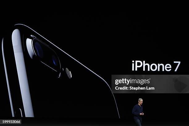 Apple CEO Tim Cook announces the new Apple iPhone 7 during a launch event on September 7, 2016 in San Francisco, California. Apple Inc. Is expected...
