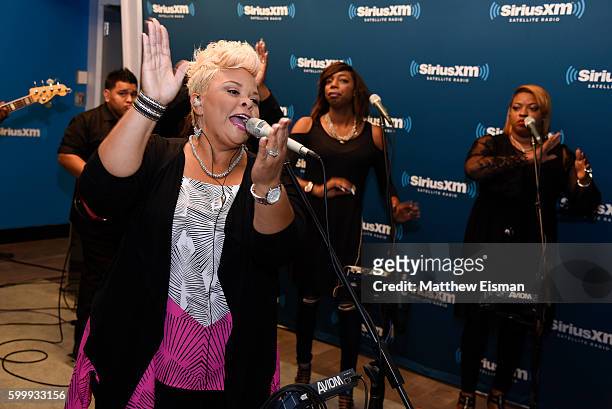 Gospel singer Tamela Mann performs live on Kirk Franklin's Praise channel at SiriusXM Studio on September 7, 2016 in New York City.