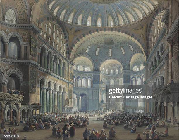 Interior of the Hagia Sophia in Constantinople. Private Collection. Artist : Bossoli, Carlo .