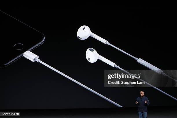 Apple Senior Vice President of Worldwide Marketing Phil Schiller introduces Lightning headphones during a launch event on September 7, 2016 in San...