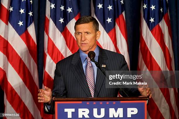 Retired United States Army lieutenant general Michael T. Flynn introduces Republican Presidential nominee Donald J. Trump before he delivered a...