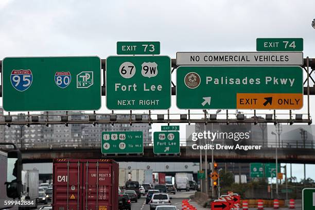 An exit sign for Fort Lee, New Jersey is viewed as cars travel across the George Washington Bridge into New Jersey, September 7, 2016 in Fort Lee,...