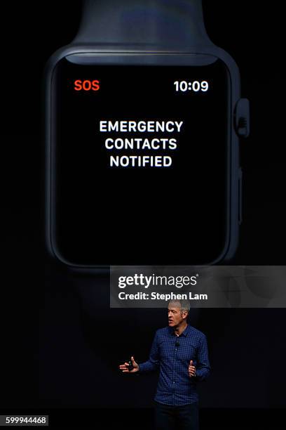 Apple COO Jeff Williams introduces the Emergency SOS feature for Apple Watch during a launch event on September 7, 2016 in San Francisco, California....