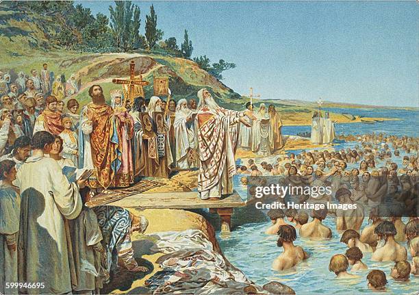 The baptism of the residents of Kiev in 988. Private Collection. Artist : Lebedev, Klavdi Vasilyevich .