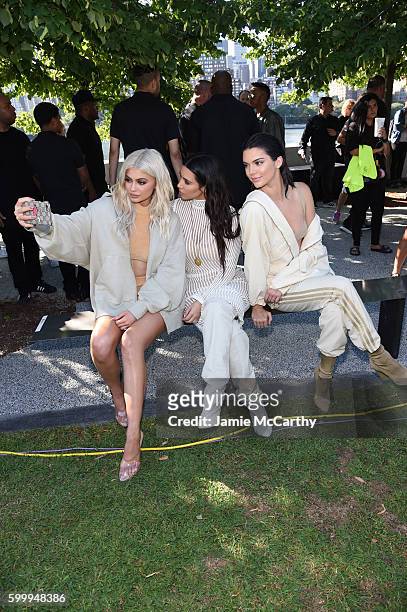 Kylie Jenner, Kim Kardashian, and Kendall Jenner attend the Kanye West Yeezy Season 4 fashion show on September 7, 2016 in New York City.