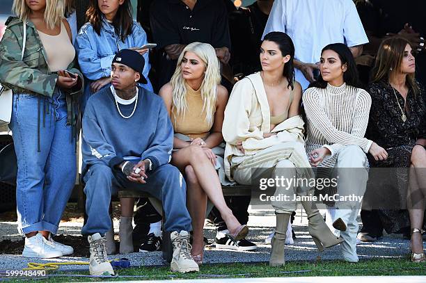 Tyga, Kylie Jenner, Kendall Jenner, Kim Kardashian and Carine Roitfeld attend the Kanye West Yeezy Season 4 fashion show on September 7, 2016 in New...