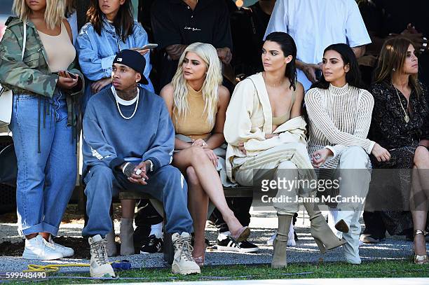 Tyga, Kylie Jenner, Kendall Jenner, Kim Kardashian and Carine Roitfeld attend the Kanye West Yeezy Season 4 fashion show on September 7, 2016 in New...