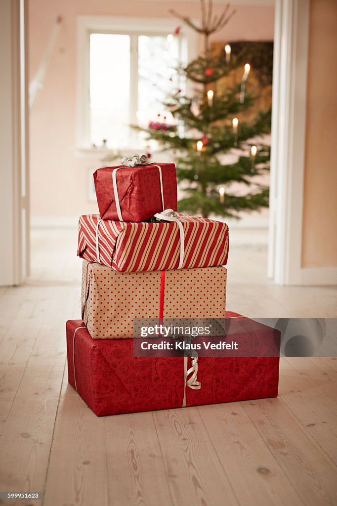 Still-life of stack of christmas presents