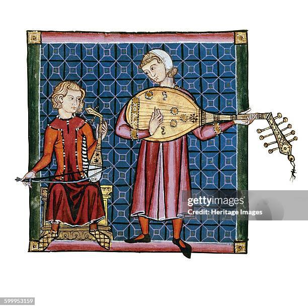 Two minstrels. Illustration from the codex of the Cantigas de Santa Maria, c. 1280. Found in the collection of Monasterio de El Escorial. Artist :...