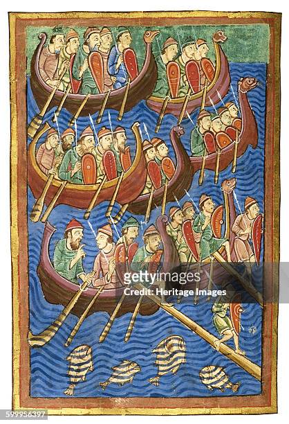Viking ships arriving in Britain, ca 1130. Found in the collection of Pierpont Morgan Library. Artist : Abbo of Fleury .