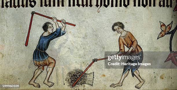 Two men threshing sheaf , ca 1330. Found in the collection of British Library. Artist : Anonymous.