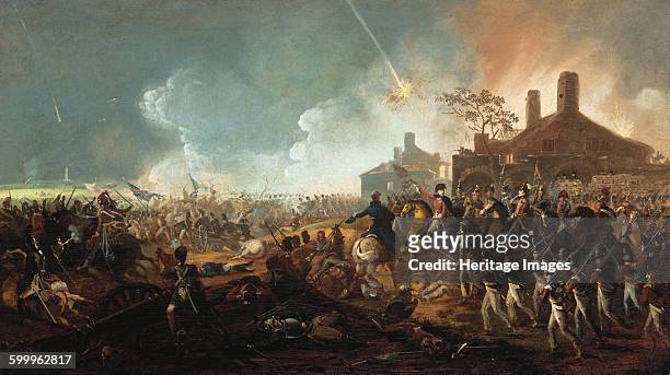 The Duke of Wellington at la Haye Sainte. The Battle of Waterloo. Private Collection. Artist : Sadler, William .