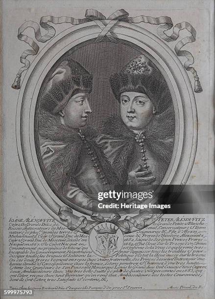 The Tsars Ivan Alexeyevich and Peter Alexeyevich of Russia. Found in the collection of Constantine Palace, St. Petersburg. Artist : Larmessin,...