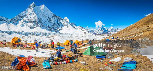 bergsteigerteam im basislager hoch im himalaya nepal - basislager stock-fotos und bilder