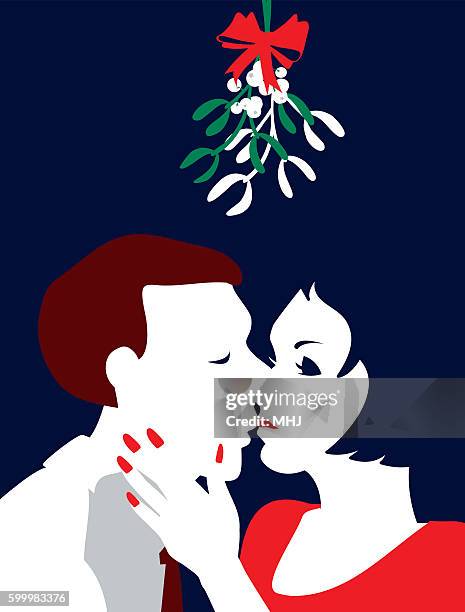 simple illustration man and woman kiss under the mistletoe - dark red nails stock illustrations