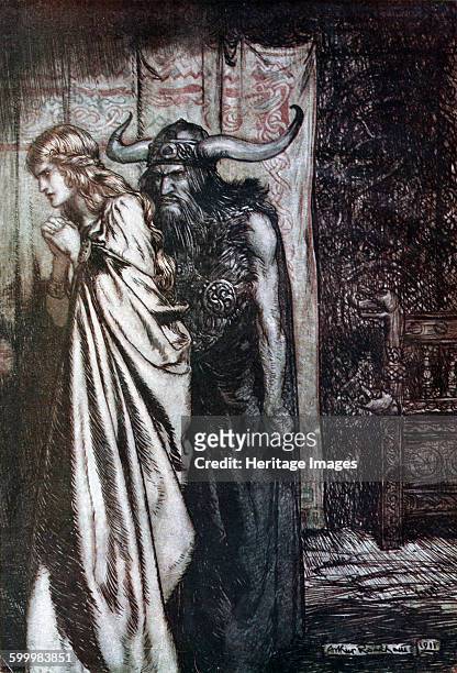 Wife betrayed I will avenge they trust deceived! Illustration for Siegfried and The Twilight of the Gods by Richard Wagner, 1910. Private Collection....