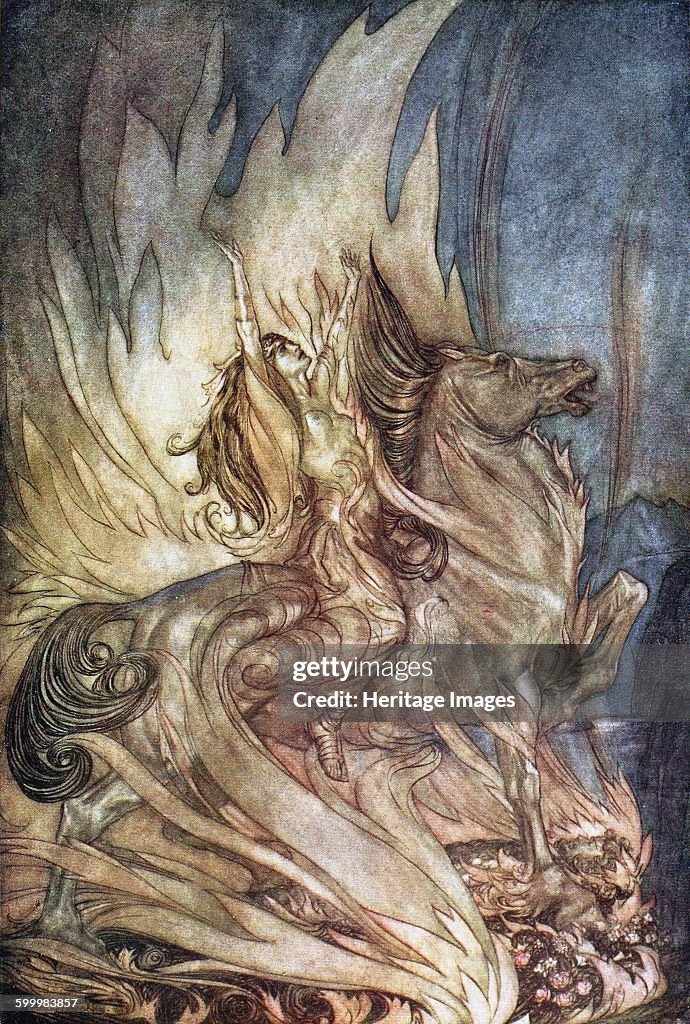 Brünnhilde on Grane leaps onto the funeral pyre of Siegfried Illustration for Siegfried and The Tw