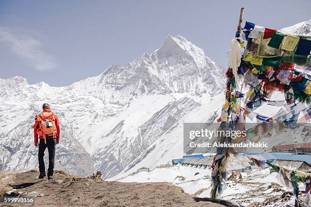 at the top of the world - annapurna stockfoto's en -beelden
