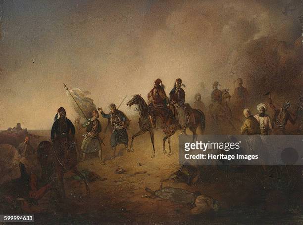 Markos Botsaris at the Battle of Karpenisi, on the night of August 8 1852. Found in the collection of Muzeum Narodowe, Warsaw. Artist : Tepa,...