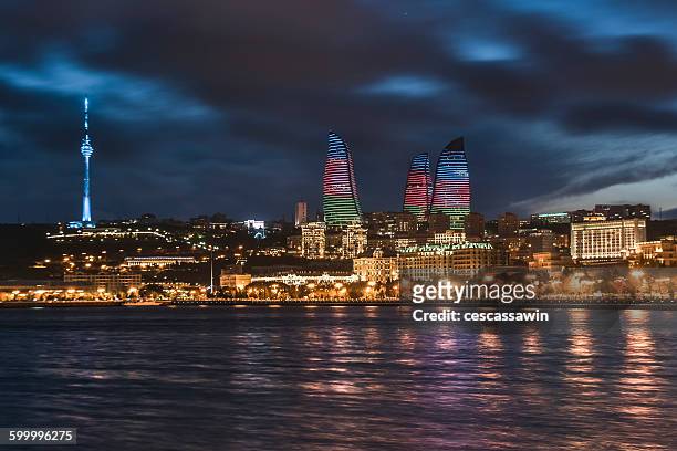 baku cityscape at night azerbaijan - baku stock pictures, royalty-free photos & images