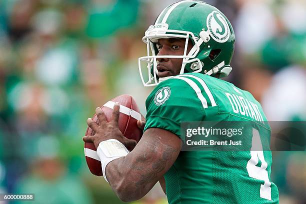 Darian Durant of the Saskatchewan Roughriders looks to throw during the game between the Winnipeg Blue Bombers and Saskatchewan Roughriders at Mosaic...