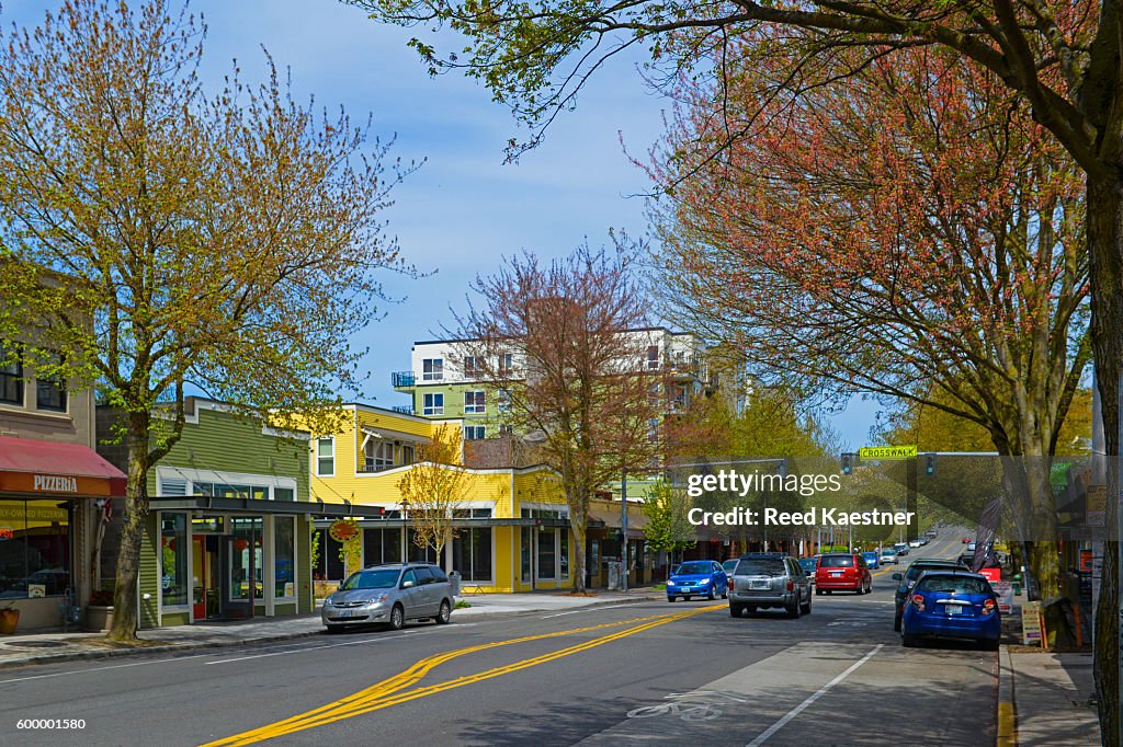 Street scene on Greenwood Avenue, Greenwood neighborhood of Seattle