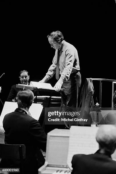 French composer and conductor Pierre Boulez with the BBC Orchestra at the Théâtre National Populaire , in Paris.