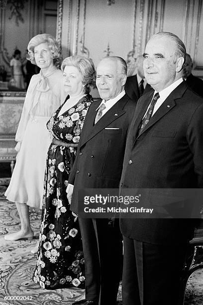 Founder and first President of the Republic of Tunisia Habib Bourguiba with second wife Wassila Ben Ammar are welcome at the Elysee Palace by French...