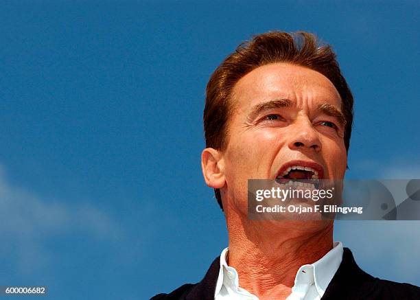 Arnold Schwarzenegger speaks at a rally, during the first day of his campaign bus tour throughout California. The gubernatorial candidate faced...