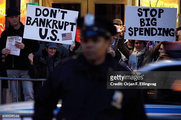 Crowd of protesters gathers in front of the New York City Hall to protest what they describe as unfair taxation by the Obama Administration, on Tax...