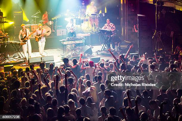 David Byrne of the Talking Heads performs with Hot Chip at Webster Hall on August 5, 2015