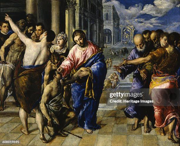 Jesus healing the blind man, c. 1573. Found in the collection of Galleria Nazionale, Parma. Artist : El Greco, Dominico .