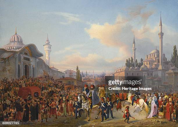 Sultan Mahmud II Leaving The Bayezid Mosque, Constantinople, 1837. Private Collection. Artist : Mayer, Auguste .