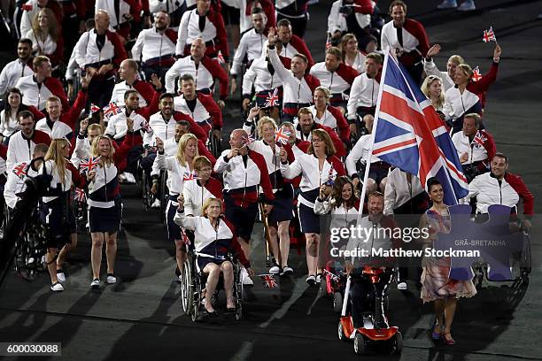 Flag bearer Lee Pearson leads Team Great Britain during the Opening Ceremony of the Rio 2016 Paralympic Games at Maracana Stadium on September 7,...