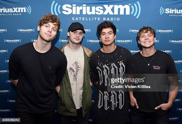Musicians Luke Hemmings, Michael Clifford, Calum Hood, and Ashton Irwin of 5 Seconds of Summer perform at the 5 Seconds of Summer Soundcheck Party on...