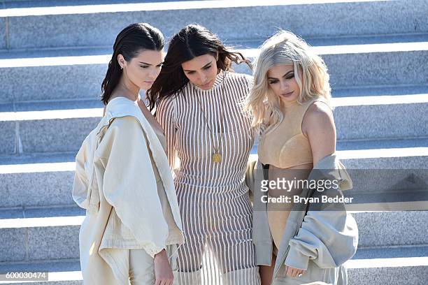 Kendall Jenner, Kim Kardashian and Kylie Jenner attend the Kanye West Yeezy Season 4 fashion show on September 7, 2016 in New York City.