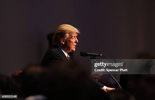 Republican presidential candidate Donald Trump speaks while accepting the Conservative Party of New York State's nomination for president on...