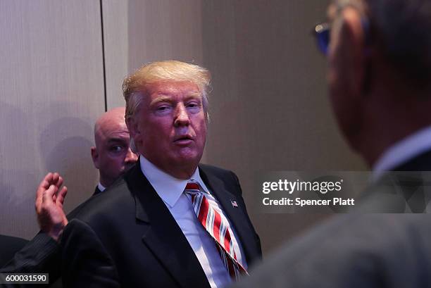 Republican presidential candidate Donald Trump leaves the stage after accepting the Conservative Party of New York State's nomination for president...