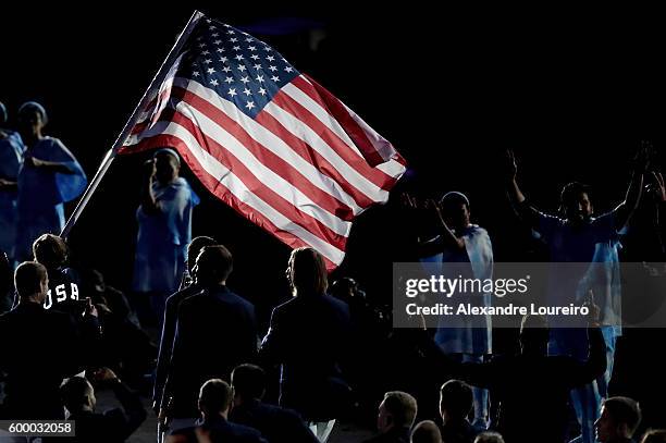 Members of Team United States enter the stadium during the Opening Ceremony of the Rio 2016 Paralympic Games at Maracana Stadium on September 7, 2016...