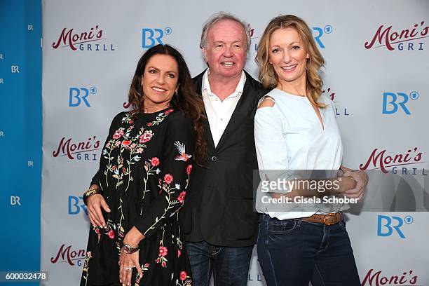 Christine Neubauer, Director Franz-Xaver Bogner and Monika Gruber during the preview for the series 'Moni's Grill' at 'Atelier' cinema on September...