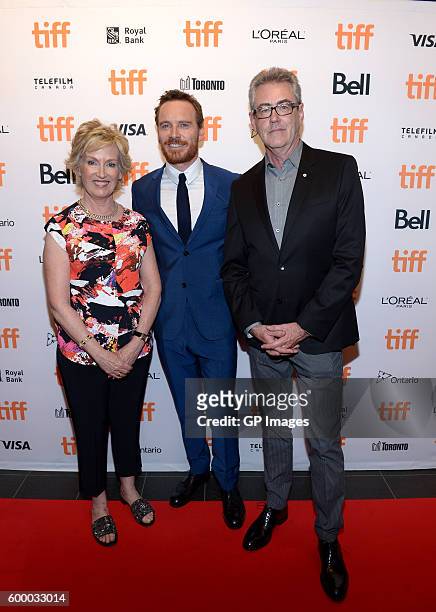 Board member and vice chair Lisa de Wilde, actor Michael Fassbender and Director and Chief Executive Officer of TIFF Piers Handling attend the TIFF...