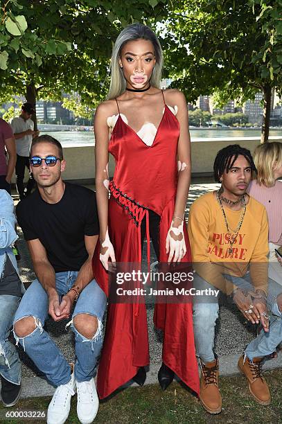 Simon Huck, Model Winnie Harlow and Vic Mensa attend the Kanye West Yeezy Season 4 fashion show on September 7, 2016 in New York City.