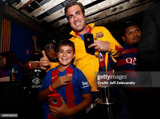 Fans crowd Smithfield Hall for a luncheon hosted by the Official NYC FC Barcelona Penya Club to celebrate FC Barcelona's arrival to New York on...