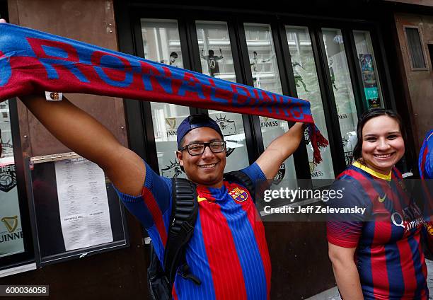 Fans line up outside Smithfield Hall for a luncheon hosted by the Official NYC FC Barcelona Penya Club to celebrate FC Barcelona's arrival to New...