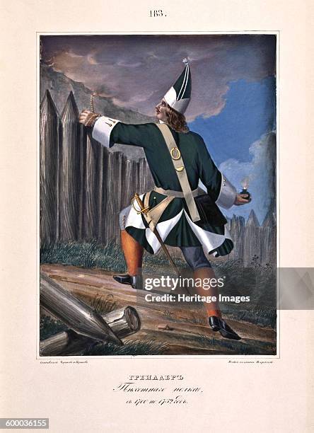 Grenadier of the Infantry Regiment in 1700-1732, 1841. Found in the collection of Russian State Historical Library, Moscow. Artist : Chorikov, Boris...