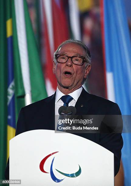 Carlos Arthur Nuzman, President of the Organizing Committee for the Rio 2016 Olympic Games addresses during the Opening Ceremony of the Rio 2016...