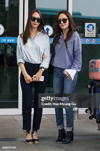 Krystal of girl group f and former member of Girl's Generation Jessica are seen on departure at Incheon International Airport on September 7, 2016 in...