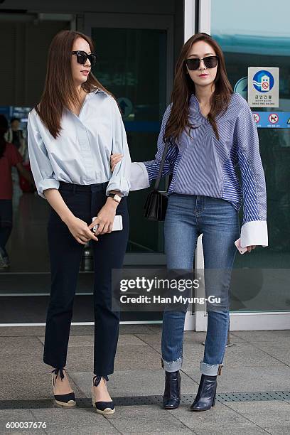 Krystal of girl group f and former member of Girl's Generation Jessica are seen on departure at Incheon International Airport on September 7, 2016 in...